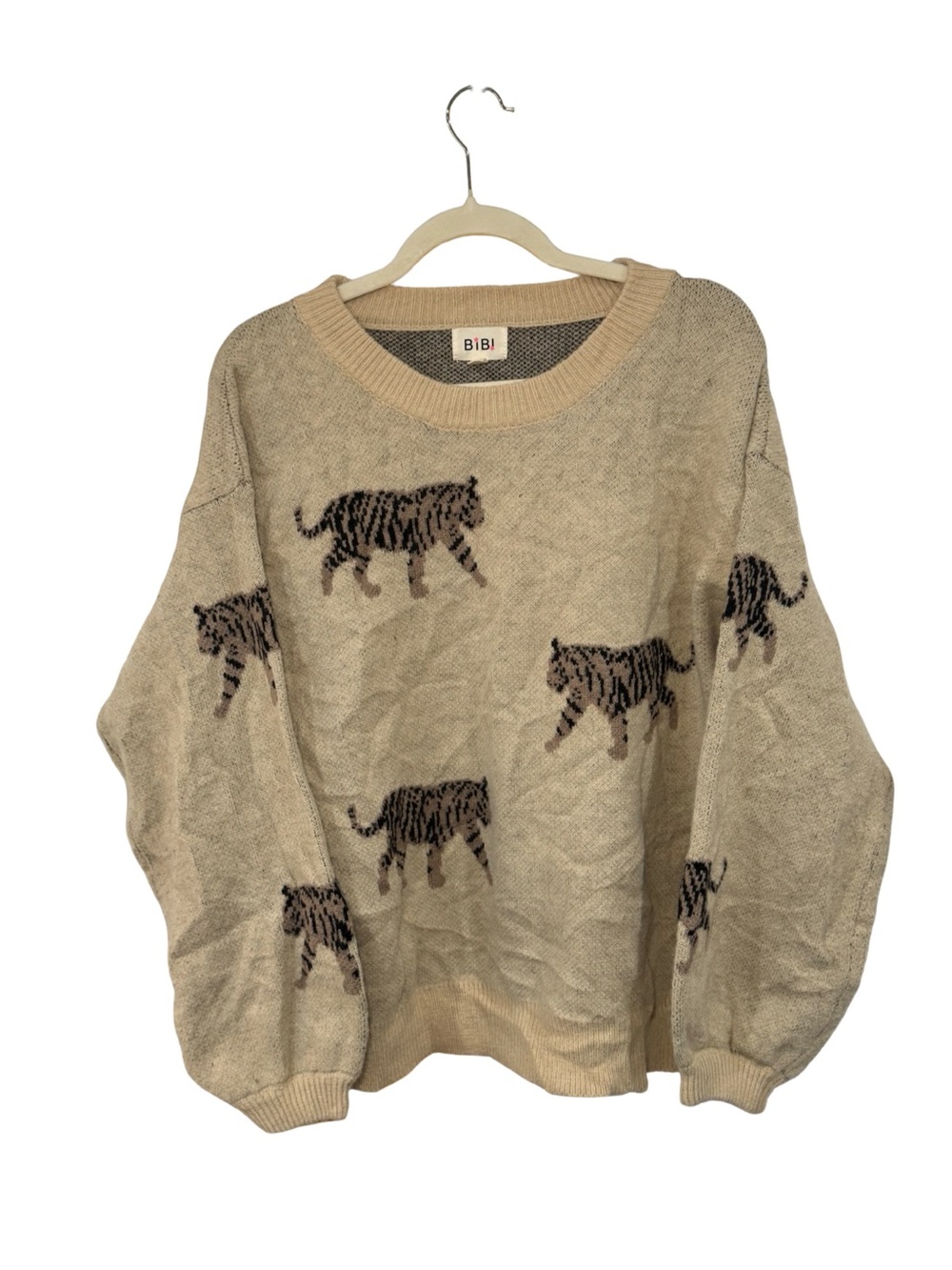 BiBi Beige Cream Tiger Motif Crewneck Sweater
